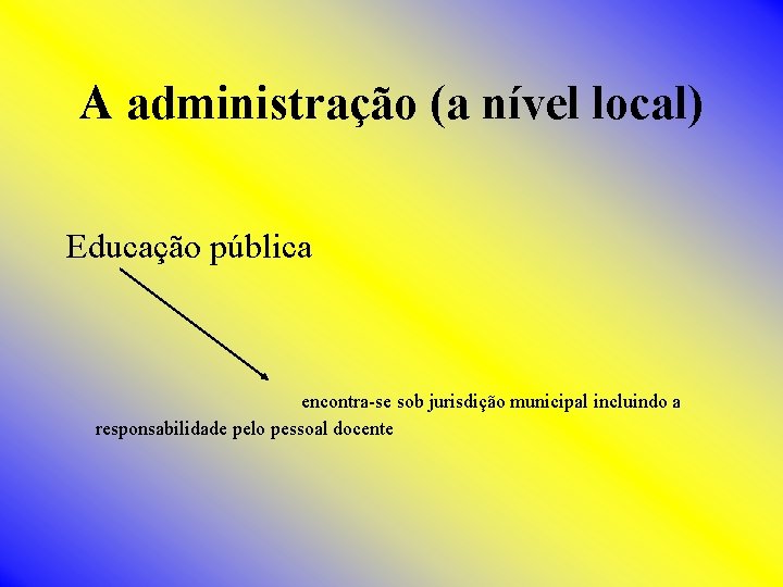 A administração (a nível local) Educação pública encontra-se sob jurisdição municipal incluindo a responsabilidade