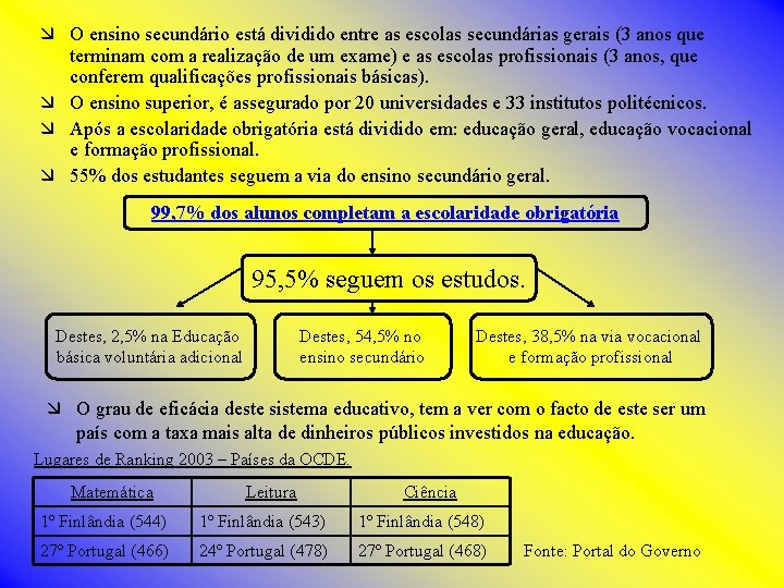 æ O ensino secundário está dividido entre as escolas secundárias gerais (3 anos que