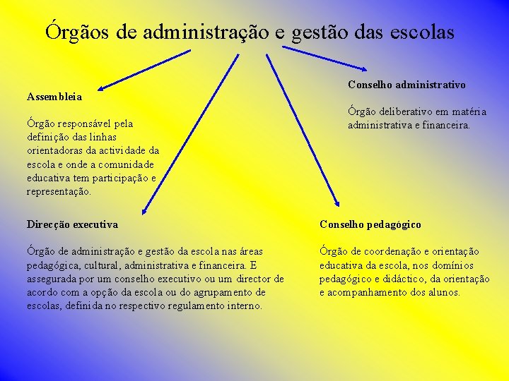 Órgãos de administração e gestão das escolas Assembleia Órgão responsável pela definição das linhas