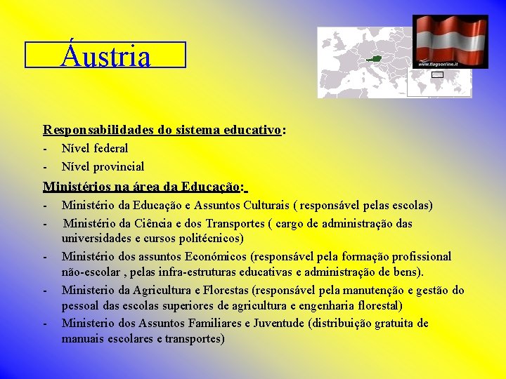 Áustria Responsabilidades do sistema educativo: - Nível federal Nível provincial Ministérios na área da