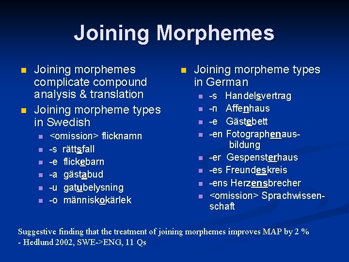 Joining Morphemes n n Joining morphemes complicate compound analysis & translation Joining morpheme types