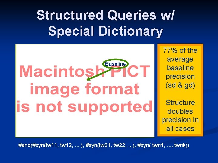 Structured Queries w/ Special Dictionary Baseline 77% of the average baseline precision (sd &