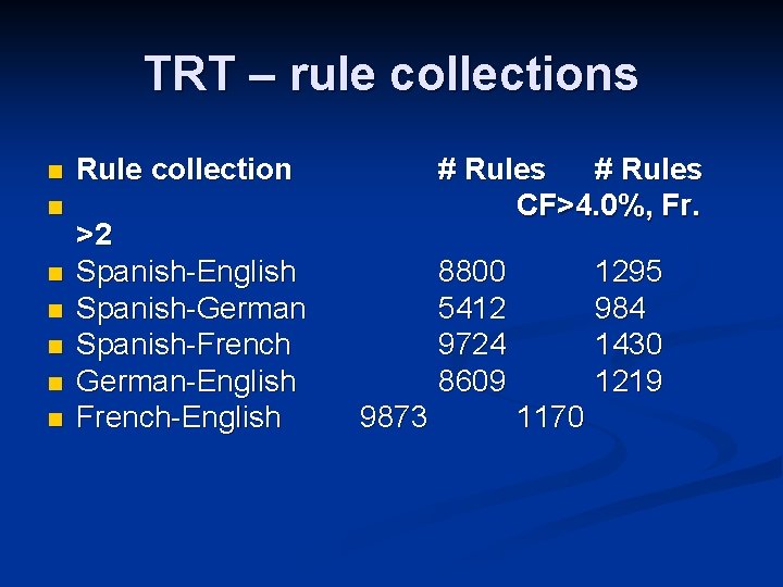 TRT – rule collections n n n n Rule collection >2 Spanish-English Spanish-German Spanish-French