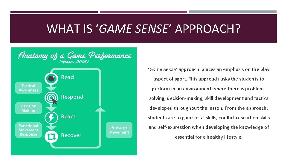 WHAT IS ‘GAME SENSE’ APPROACH? ‘Game Sense’ approach places an emphasis on the play