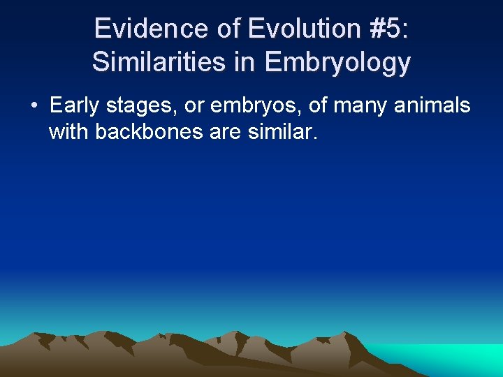 Evidence of Evolution #5: Similarities in Embryology • Early stages, or embryos, of many