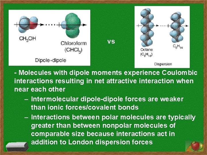 vs - Molecules with dipole moments experience Coulombic interactions resulting in net attractive interaction
