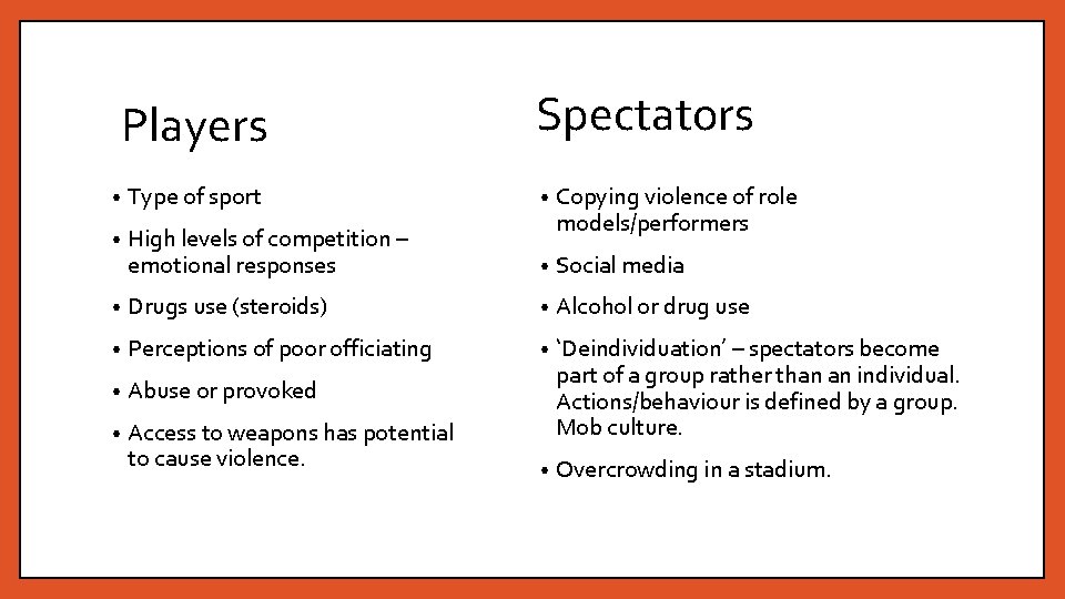 Players Spectators • Type of sport • • High levels of competition – emotional