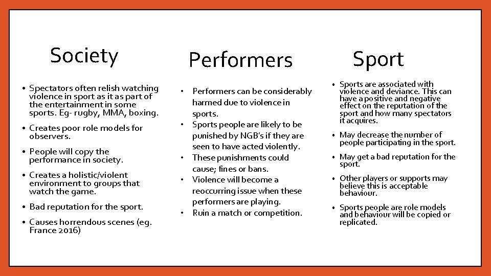 Society • Spectators often relish watching violence in sport as it as part of