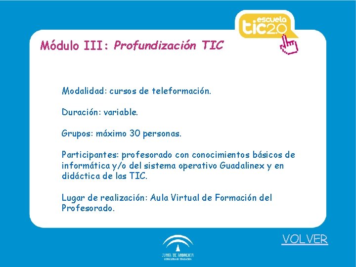 Módulo III: Profundización TIC Modalidad: cursos de teleformación. Duración: variable. Grupos: máximo 30 personas.