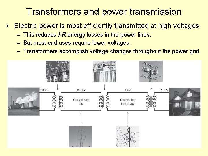 Transformers and power transmission • Electric power is most efficiently transmitted at high voltages.