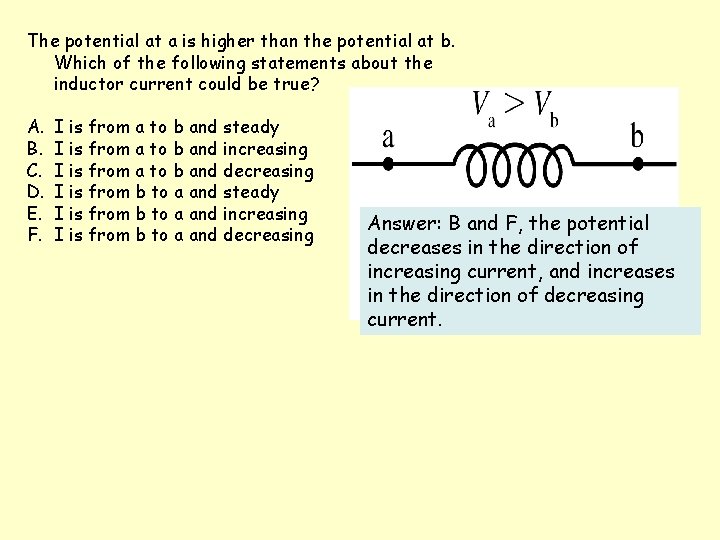 The potential at a is higher than the potential at b. Which of the