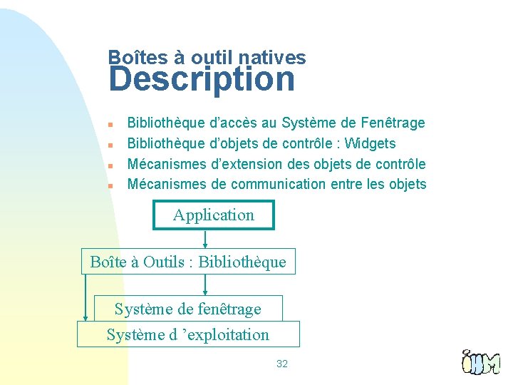 Boîtes à outil natives Description n n Bibliothèque d’accès au Système de Fenêtrage Bibliothèque