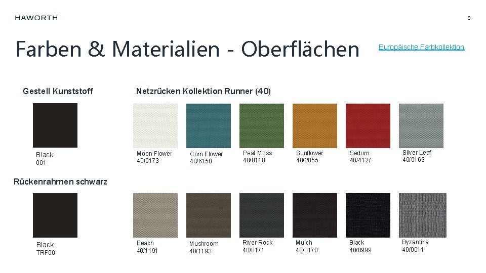 9 Farben & Materialien - Oberflächen Gestell Kunststoff Black 001 Europäische Farbkollektion Netzrücken Kollektion