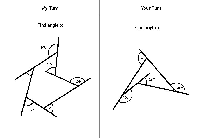 My Turn Your Turn Find angle x 140 o x 62 o 30 o