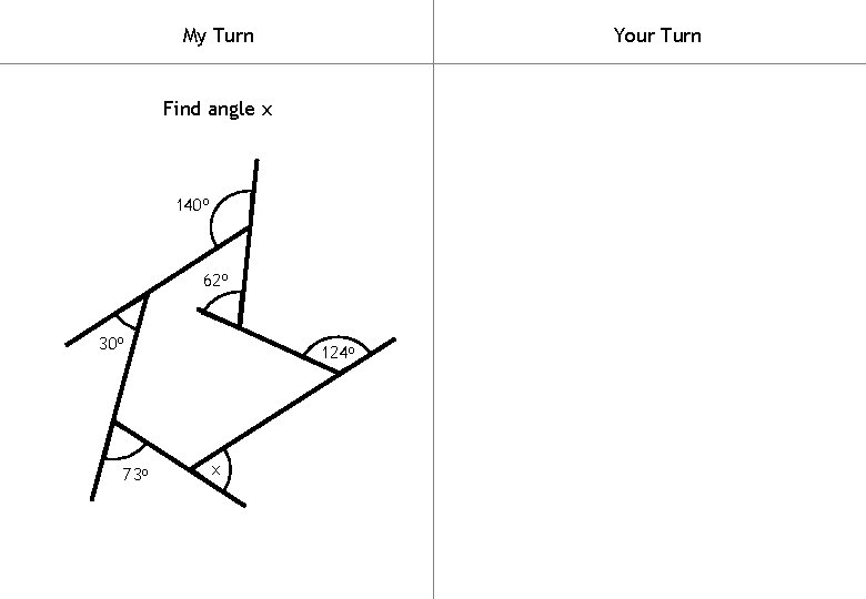 My Turn Your Turn Find angle x 140 o 62 o 30 o 73