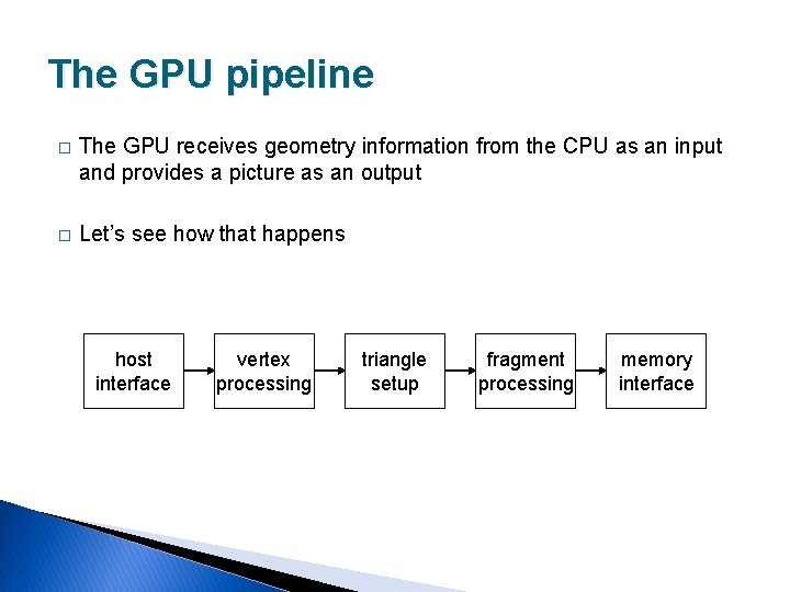 The GPU pipeline � The GPU receives geometry information from the CPU as an