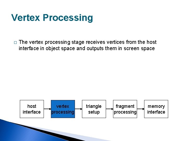 Vertex Processing � The vertex processing stage receives vertices from the host interface in