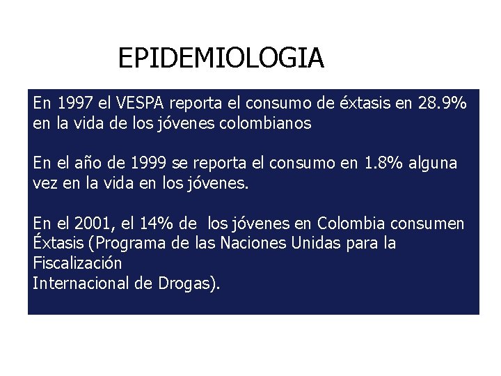 EPIDEMIOLOGIA En 1997 el VESPA reporta el consumo de éxtasis en 28. 9% en
