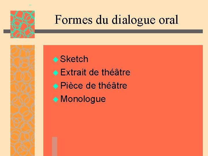 Formes du dialogue oral u Sketch u Extrait de théâtre u Pièce de théâtre Formes du dialogue oral u Sketch u Extrait de théâtre u Pièce de théâtre