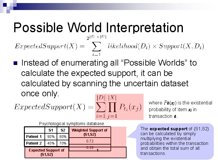 Possible World Interpretation n Instead of enumerating all “Possible Worlds” to calculate the expected