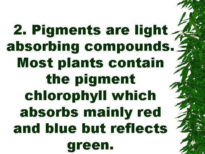 2. Pigments are light absorbing compounds. Most plants contain the pigment chlorophyll which absorbs
