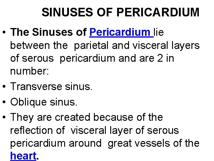 SINUSES OF PERICARDIUM • The Sinuses of Pericardium lie between the parietal and visceral