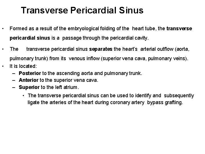 Transverse Pericardial Sinus • Formed as a result of the embryological folding of the