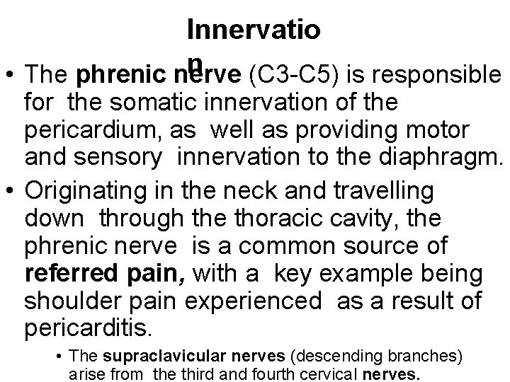 Innervatio n • The phrenic nerve (C 3 -C 5) is responsible for the