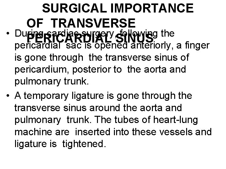SURGICAL IMPORTANCE OF TRANSVERSE • During cardiac surgery, following the PERICARDIAL SINUS pericardial sac