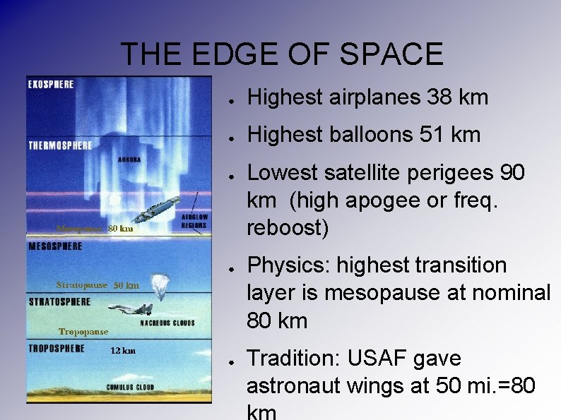 THE EDGE OF SPACE ● Highest airplanes 38 km ● Highest balloons 51 km