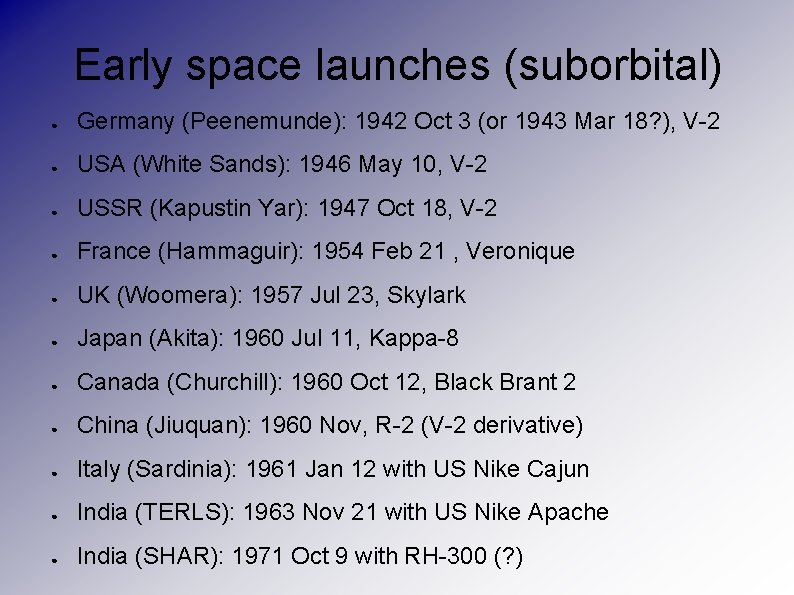 Early space launches (suborbital) ● Germany (Peenemunde): 1942 Oct 3 (or 1943 Mar 18?