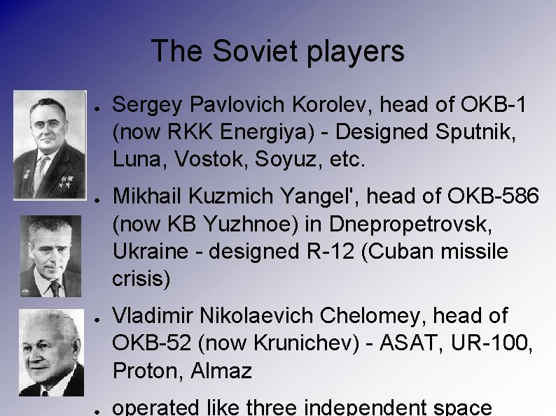 The Soviet players ● ● Sergey Pavlovich Korolev, head of OKB-1 (now RKK Energiya)