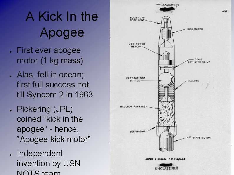 A Kick In the Apogee ● ● First ever apogee motor (1 kg mass)