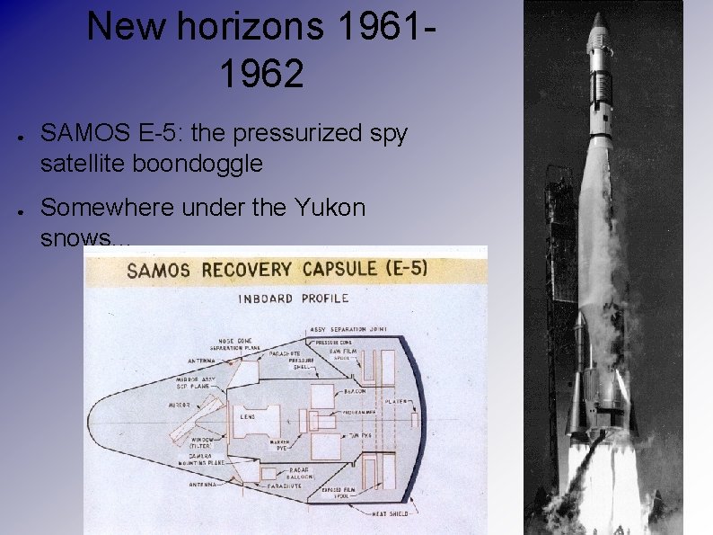 New horizons 19611962 ● ● SAMOS E-5: the pressurized spy satellite boondoggle Somewhere under