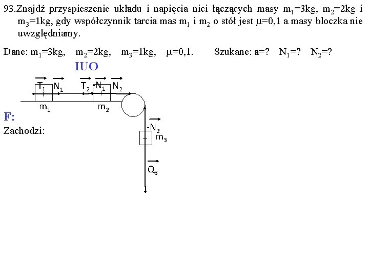 93. Znajdź przyspieszenie układu i napięcia nici łączących masy m 1=3 kg, m 2=2