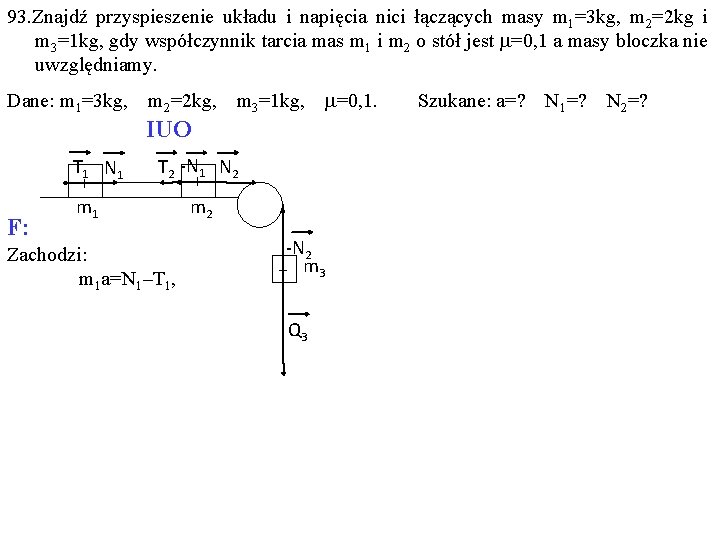 93. Znajdź przyspieszenie układu i napięcia nici łączących masy m 1=3 kg, m 2=2