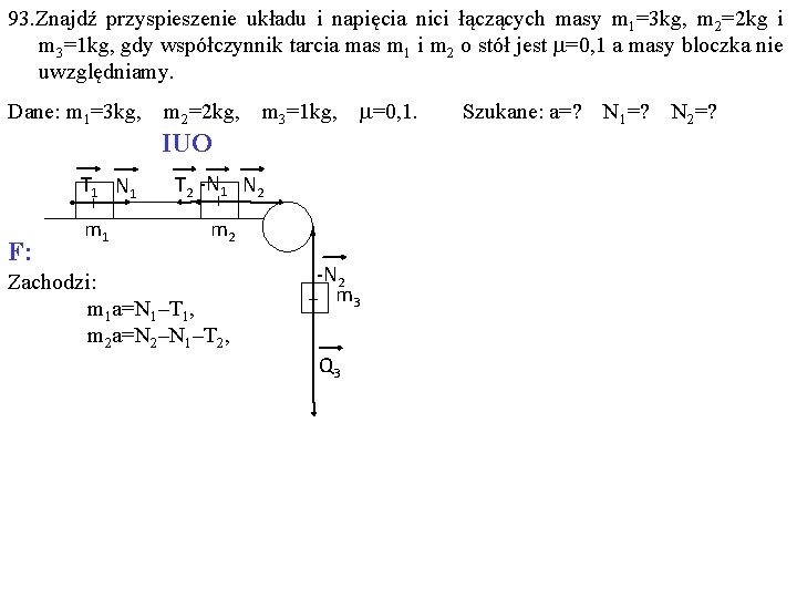 93. Znajdź przyspieszenie układu i napięcia nici łączących masy m 1=3 kg, m 2=2