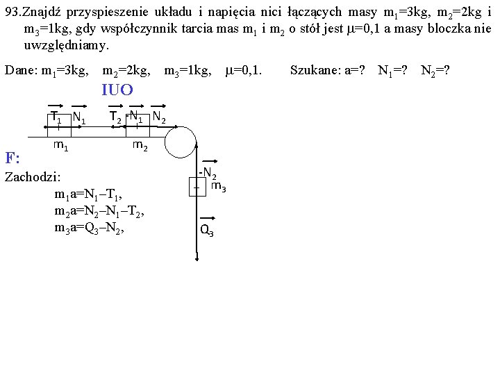 93. Znajdź przyspieszenie układu i napięcia nici łączących masy m 1=3 kg, m 2=2