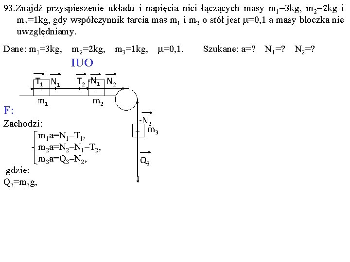 93. Znajdź przyspieszenie układu i napięcia nici łączących masy m 1=3 kg, m 2=2