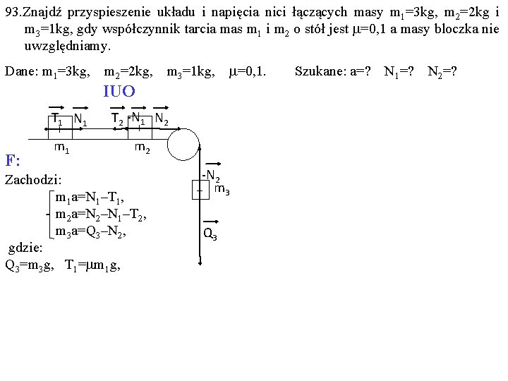 93. Znajdź przyspieszenie układu i napięcia nici łączących masy m 1=3 kg, m 2=2