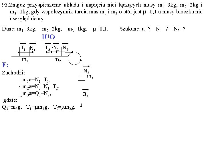 93. Znajdź przyspieszenie układu i napięcia nici łączących masy m 1=3 kg, m 2=2