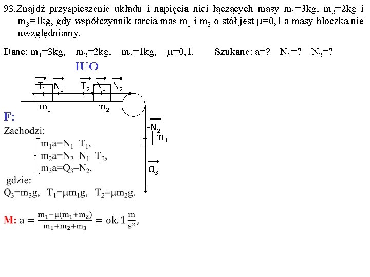 93. Znajdź przyspieszenie układu i napięcia nici łączących masy m 1=3 kg, m 2=2