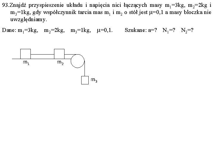 93. Znajdź przyspieszenie układu i napięcia nici łączących masy m 1=3 kg, m 2=2