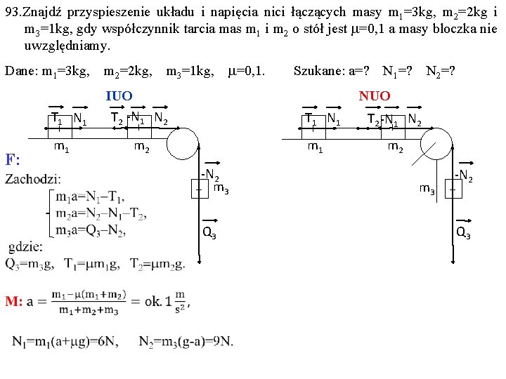 93. Znajdź przyspieszenie układu i napięcia nici łączących masy m 1=3 kg, m 2=2