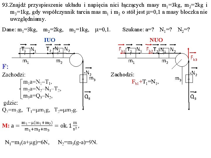 93. Znajdź przyspieszenie układu i napięcia nici łączących masy m 1=3 kg, m 2=2