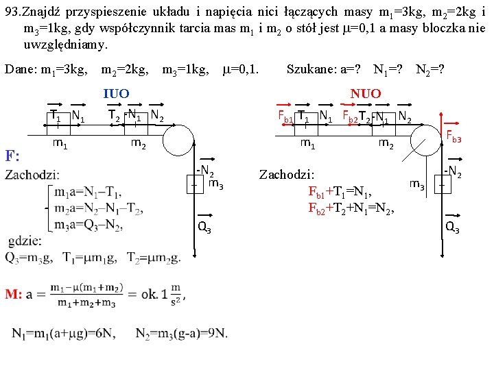93. Znajdź przyspieszenie układu i napięcia nici łączących masy m 1=3 kg, m 2=2