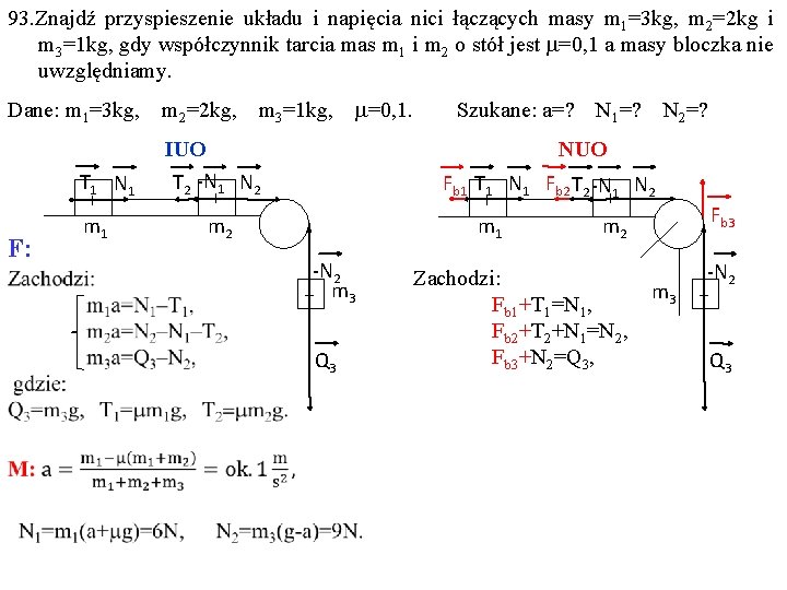 93. Znajdź przyspieszenie układu i napięcia nici łączących masy m 1=3 kg, m 2=2