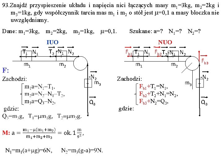 93. Znajdź przyspieszenie układu i napięcia nici łączących masy m 1=3 kg, m 2=2