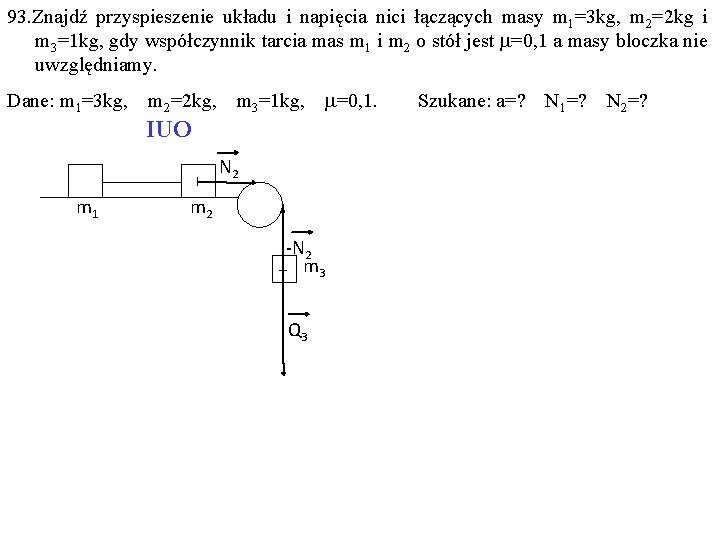 93. Znajdź przyspieszenie układu i napięcia nici łączących masy m 1=3 kg, m 2=2