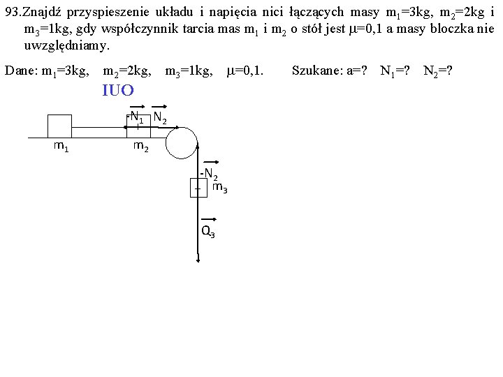 93. Znajdź przyspieszenie układu i napięcia nici łączących masy m 1=3 kg, m 2=2